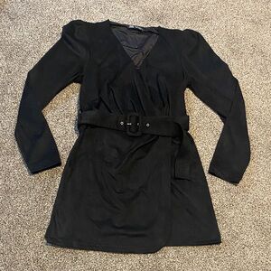 Zara Black Long Sleeve Micro Suede Belted Dress